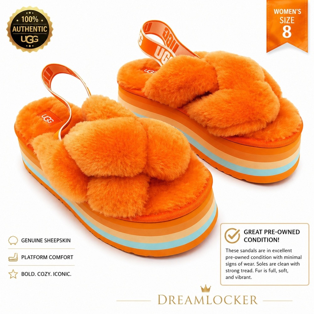 UGG Disco Knot Platform Slide Sandals Mandarin Orange Multi Fur 8 Womens 1126383